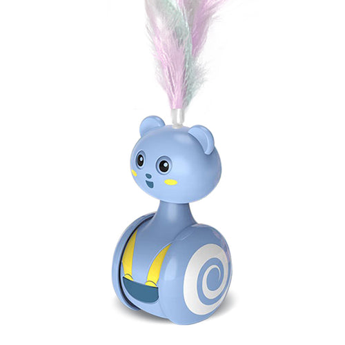 Feather Pounce Toy in powder blue — weighted wobble tumbler with feather topper