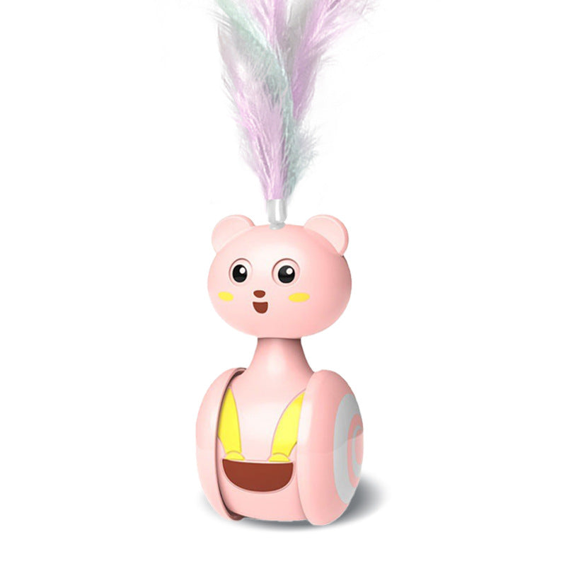 Feather Pounce Toy in pink — weighted wobble tumbler with feather topper