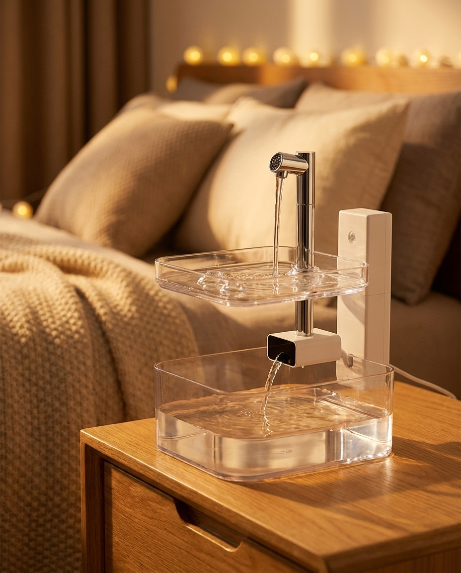 Smart Flow Water Fountain pouring fresh water in a warm bedroom setting