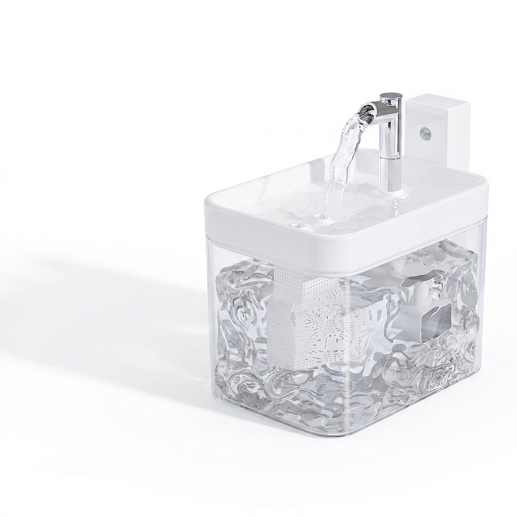 Smart Flow Water Fountain — transparent white cordless cat water fountain, studio product shot