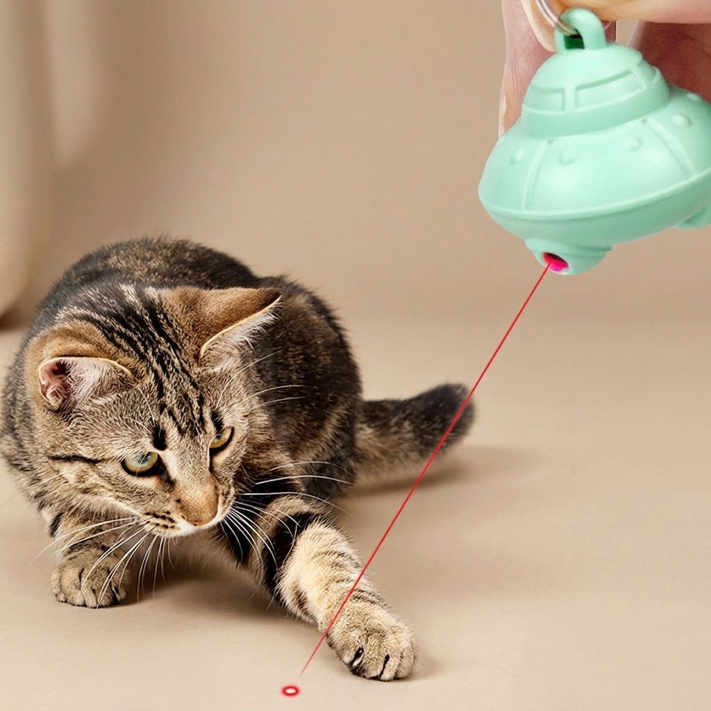 Laser Chase Collar — tabby cat hunting a laser dot cast from the collar pendant