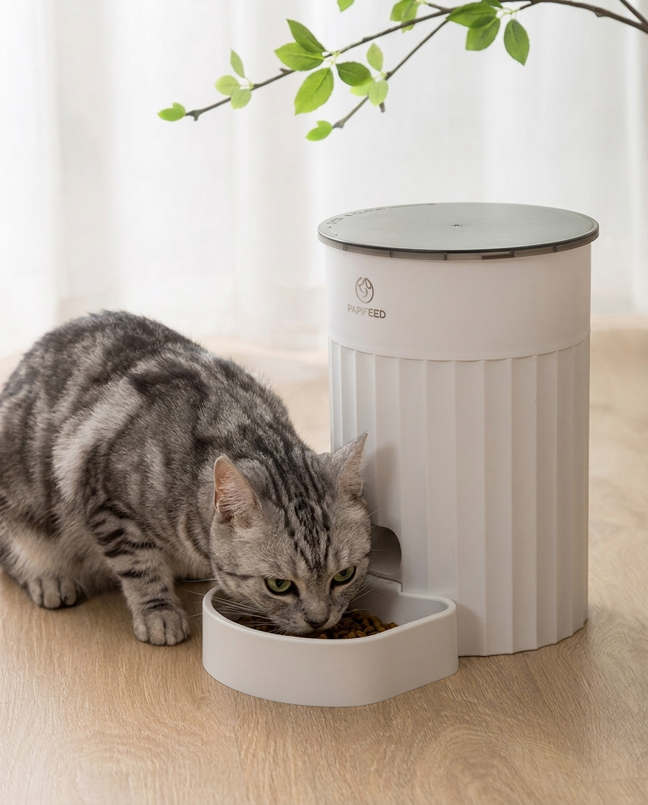 Smart Timed Feeder — cat eating from the bowl in warm home setting
