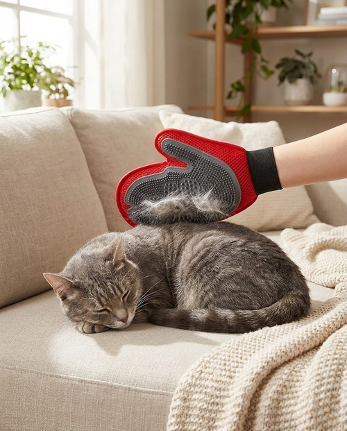Deshedding Grooming Glove — grooming a relaxed grey tabby cat on the sofa