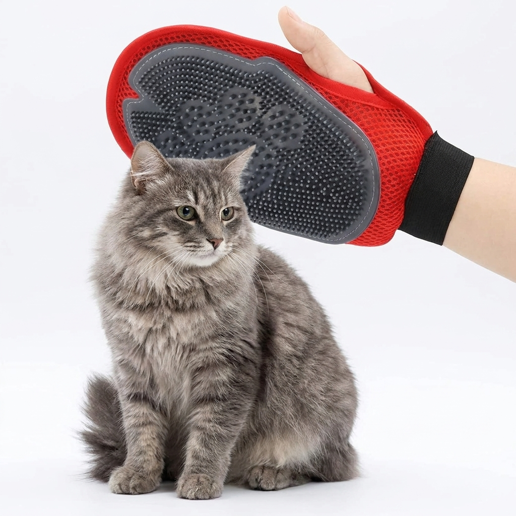 Deshedding Grooming Glove — presentation shot with grey tabby cat